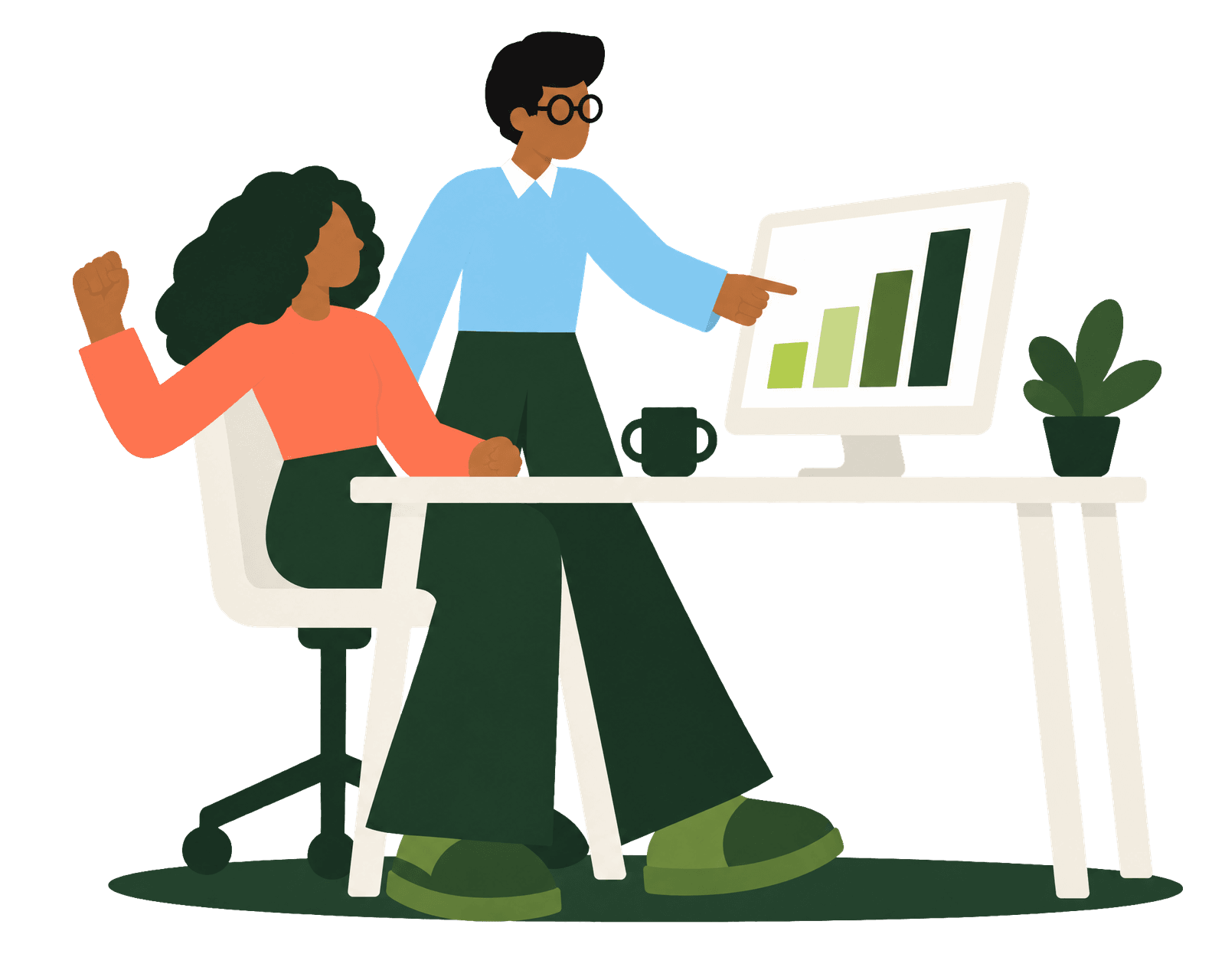 An Aethon accountant points at a rising chart on a monitor while a founder sitting at the desk celebrates.