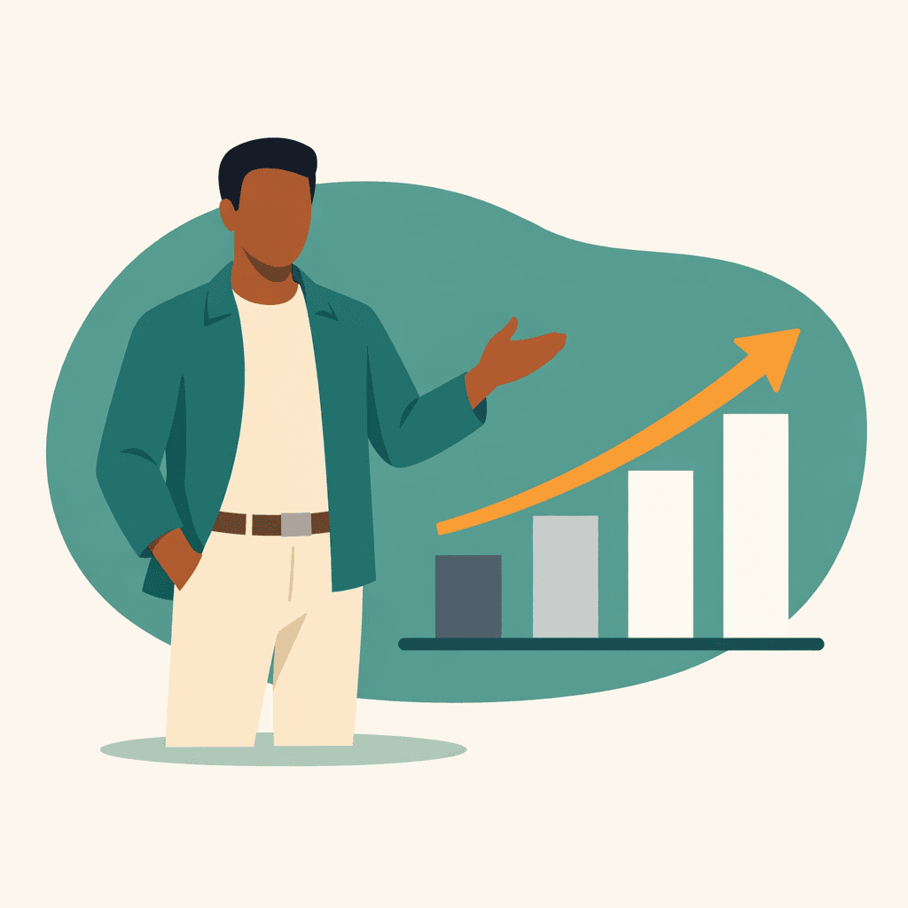 Flat illustration of a person presenting an upward-trending growth chart