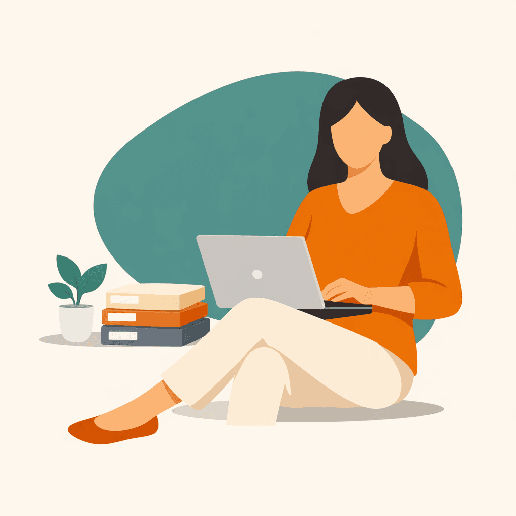 Flat illustration of a person relaxing with a laptop at a tidy workspace