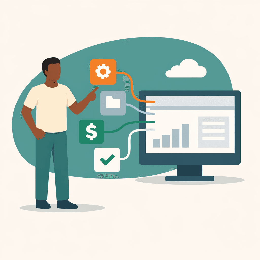 Flat illustration of a person connecting software apps into a screen