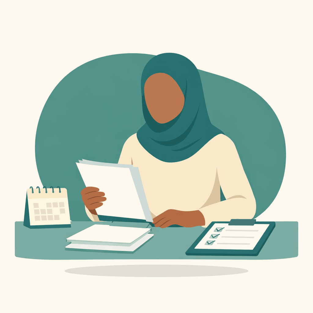 Flat illustration of a person calmly reviewing documents and a checklist